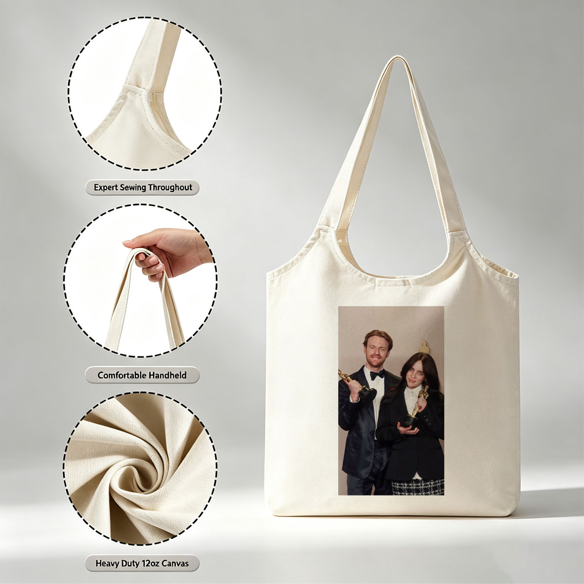 Billie Eilish and Finneas O'Connell at Oscars 2022 Holding Golden Statuettes - Canvas shoulder bags/