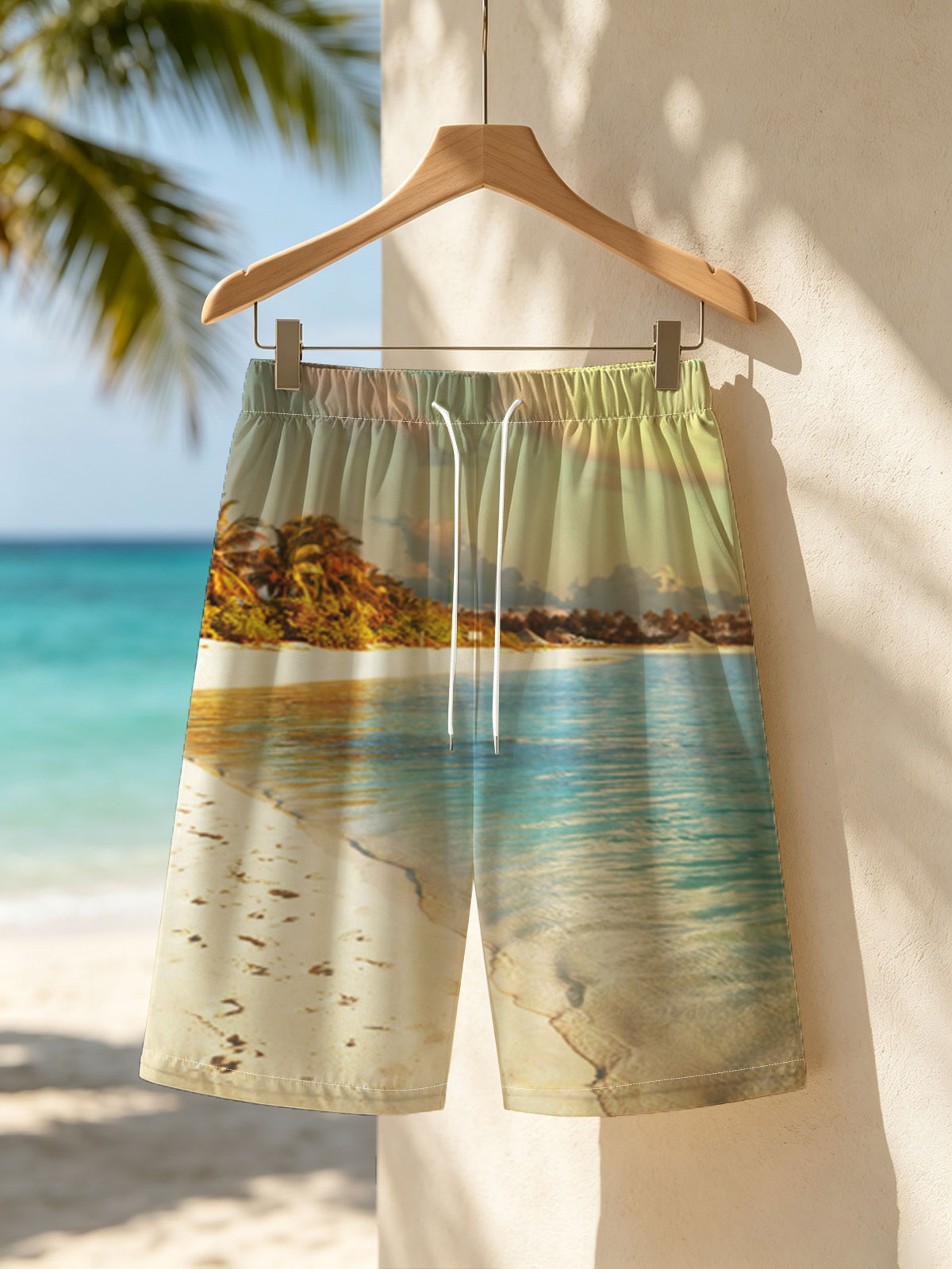 Tropical Beach with Clear Water and Palm Trees -  Beach shorts