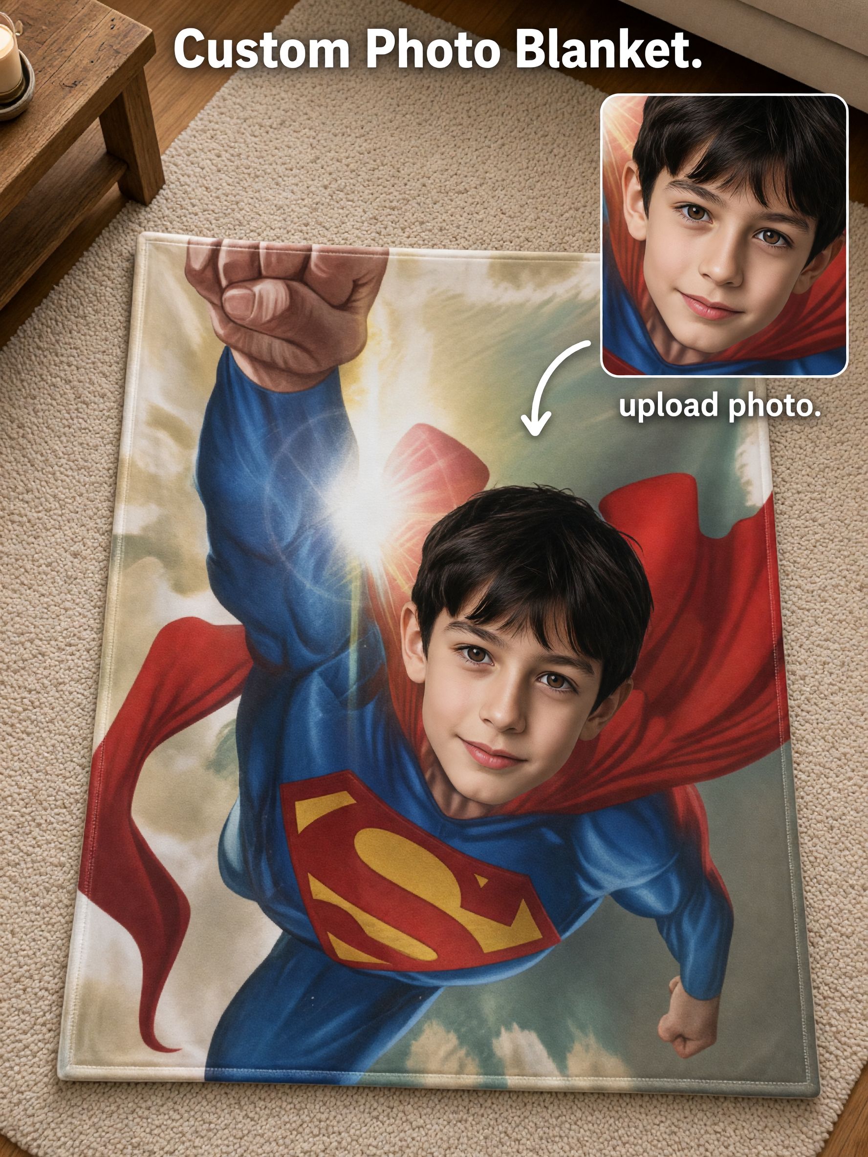 Custom Face Superhero Flannel Blanket, Personalized Photo Throw Blanket Cozy Keepsake Gift for Kids and Adults