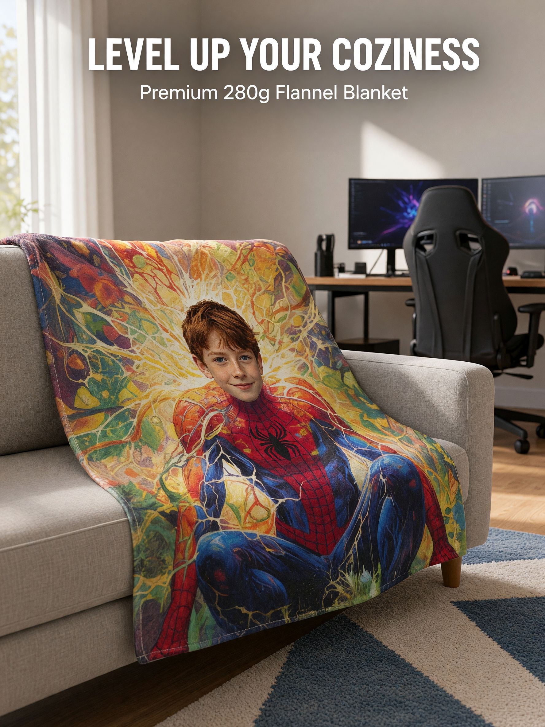 Custom Face Blanket Personalized Superhero Avatar Portrait on Vibrant Stained Glass Art Ultra Soft Flannel Throw Ideal
