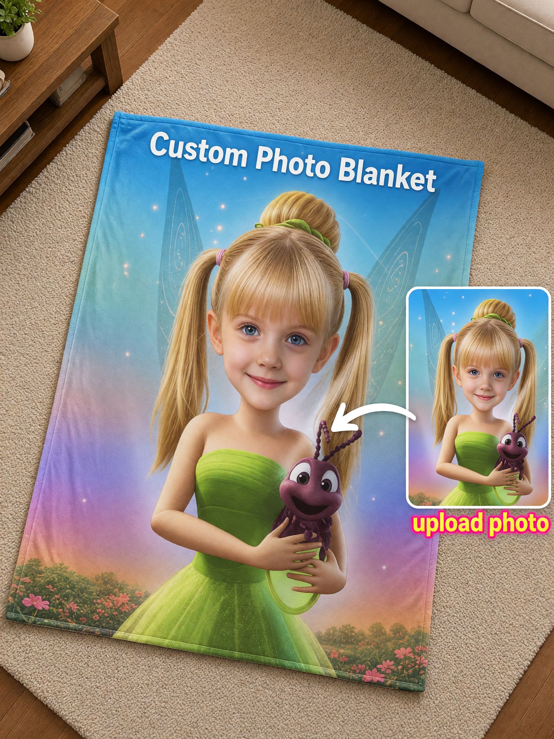 Custom Face Photo Blanket Personalized Fairy Art Flannel Fleece Throw Lightweight Cozy Bed Couch Gift