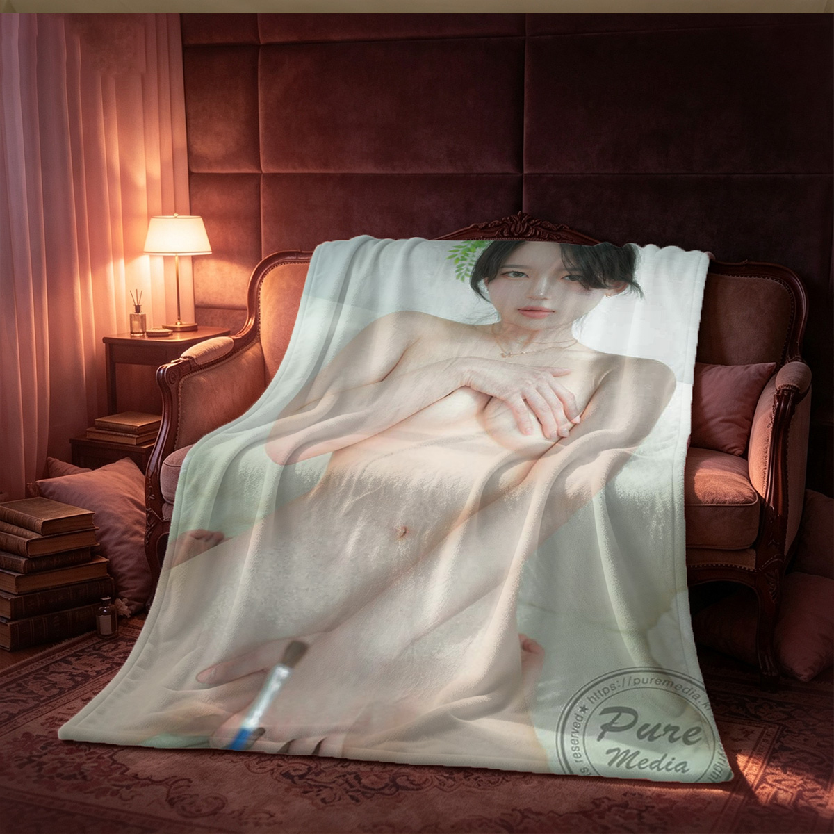 Nude Blonde Sitting on Red Chair - Blanket
