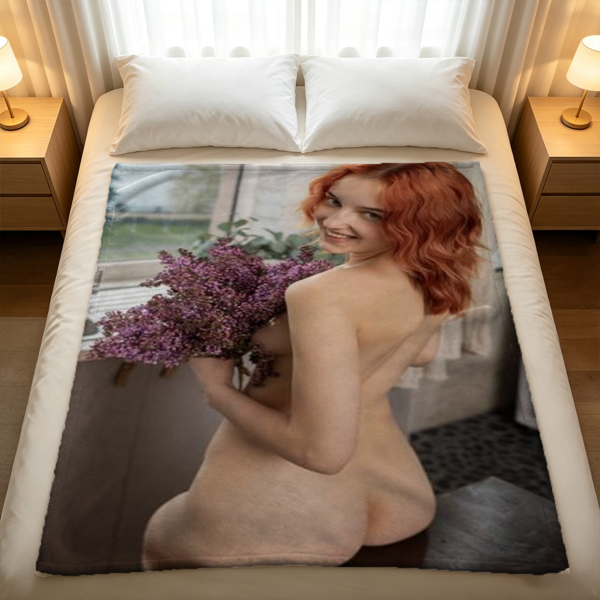 Blonde Woman in White Lingerie Lounging on Brown Leather Couch - Blanket