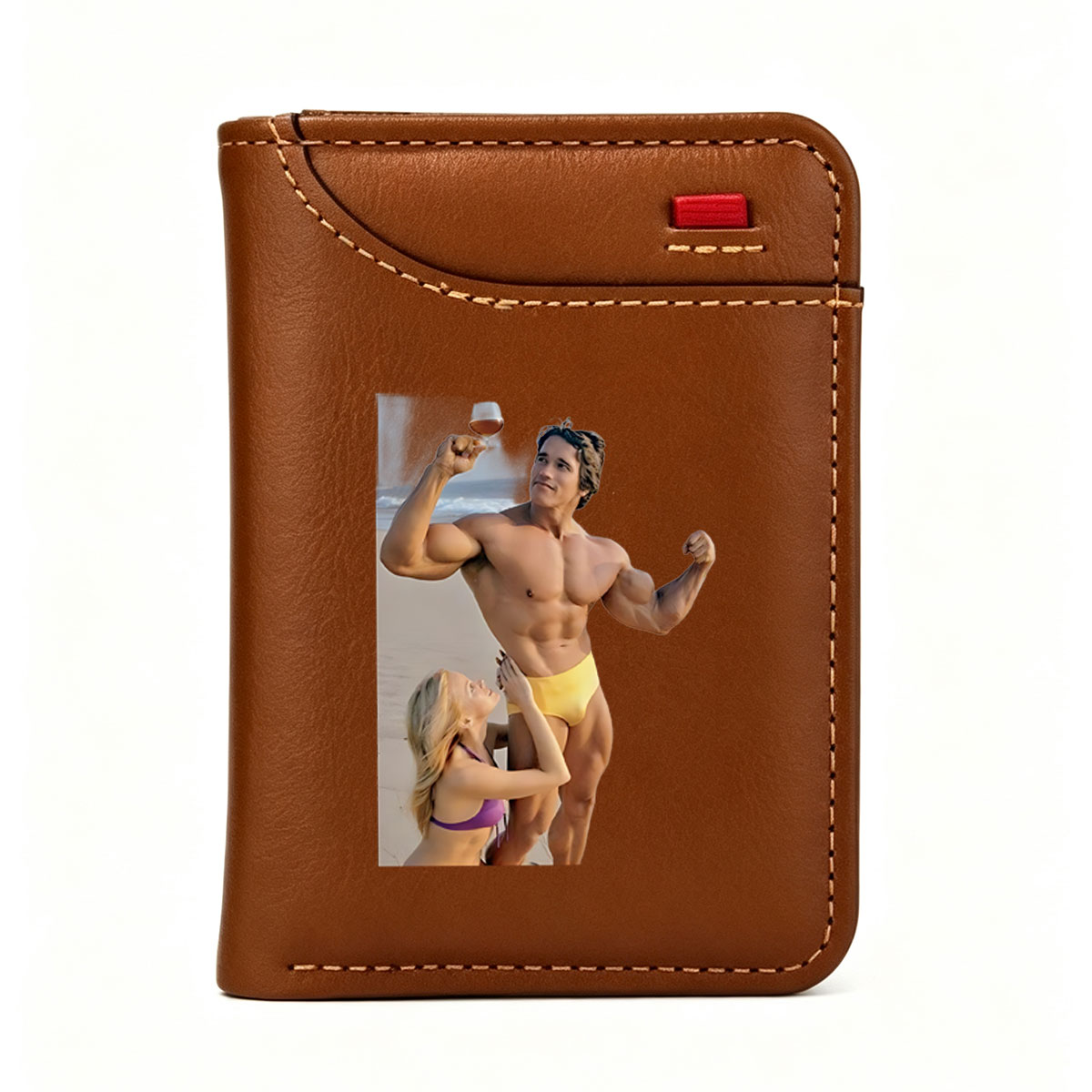 Muscular Man in Yellow Swimwear Holding Wine Glass, Woman in Purple Bikini Admiring Him on Beach - Vertical Style Wallet