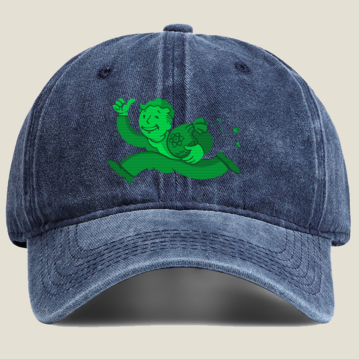 Vault Boy from Fallout Running with a Bag of Atoms - Washed Denim - Baseball Cap