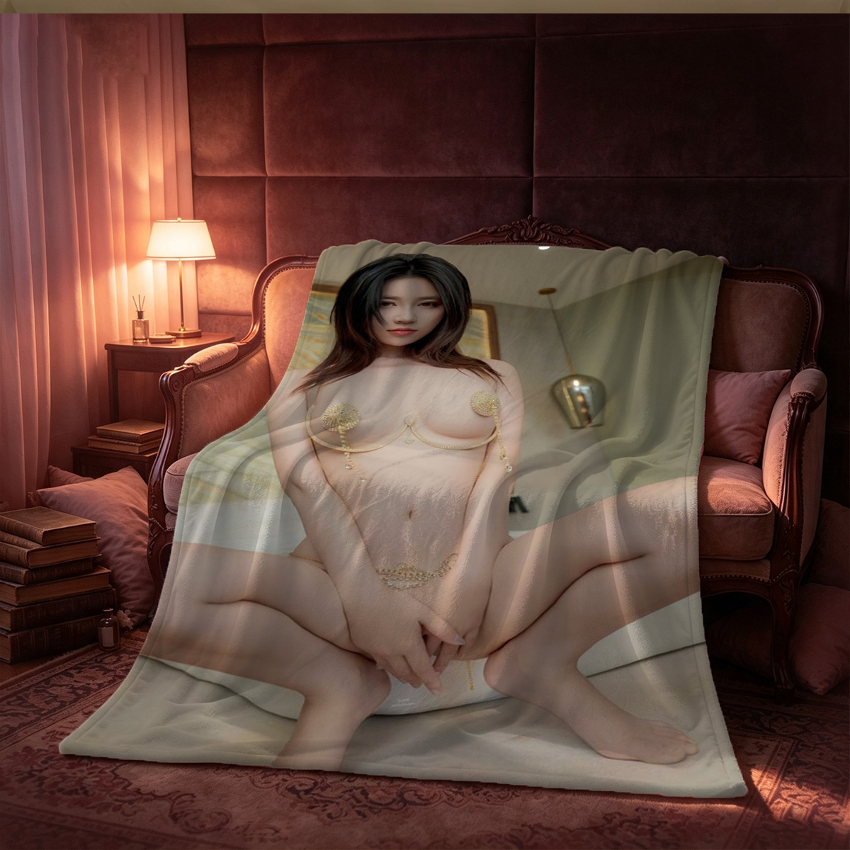 Redhead beauty in knee socks posing nude on blanket. - Blanket