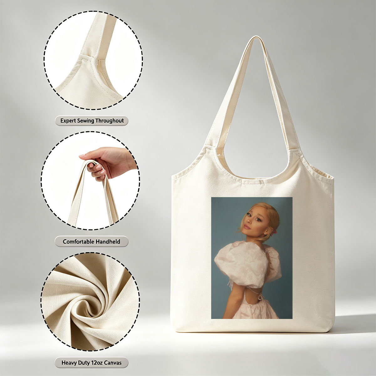 Ariana Grande in a Soft Pink Dress with Puffy Sleeves and Back Cutout Pose Against Blue Background - Canvas shoulder bags/