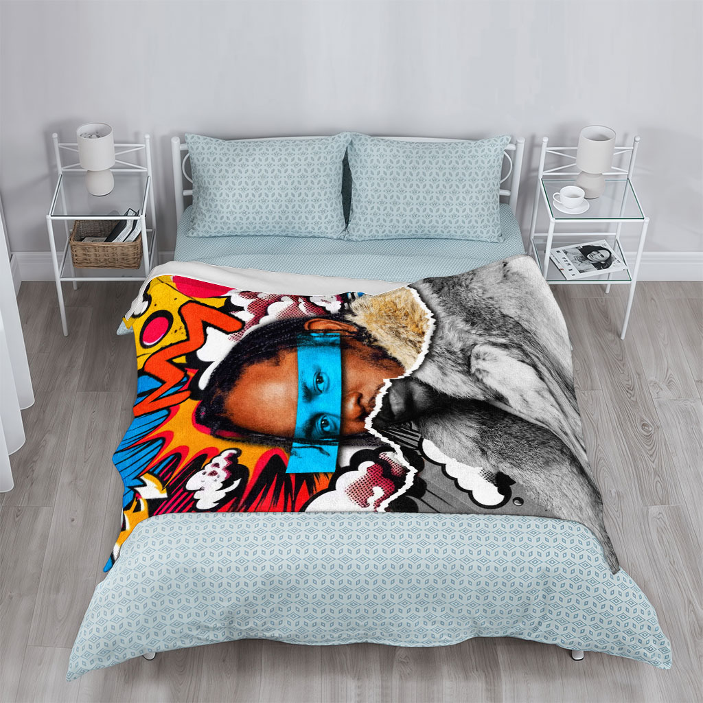 Kendrick Lamar in a Fur Coat with Comic-Style Background and Blue Eye Mask - Blankets
