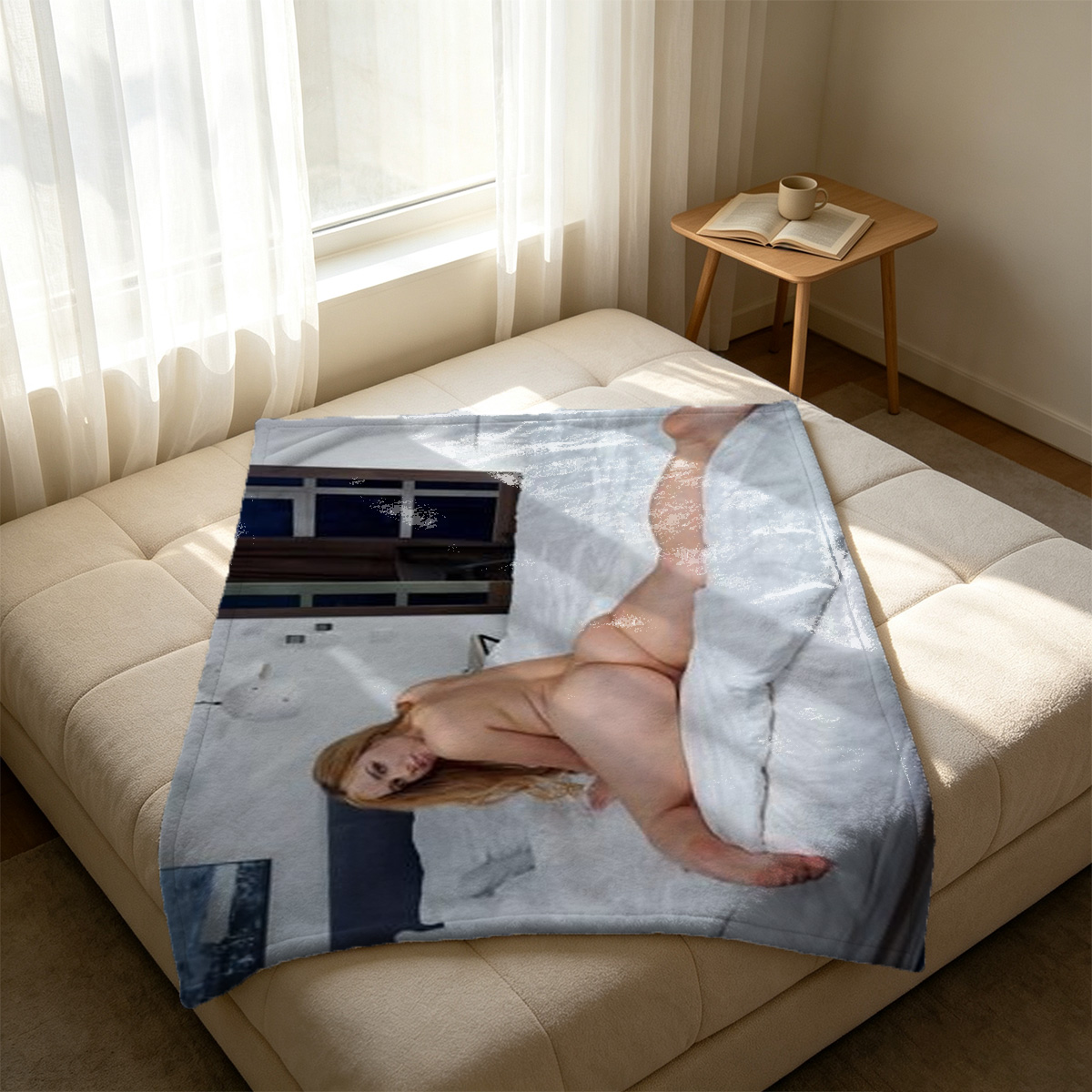 Pink Bikini and Fluffy Hat on Kneeling Japanese Model - Blanket