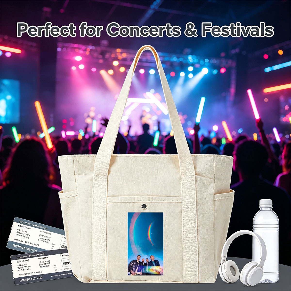 Coldplay in a Cosmic Scene with Rainbow Halo and Starry Sky Background - Multi-pocket bags