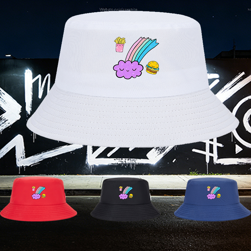 Unisex Bucket Hat with Cute Food Rainbow Print - Kawaii Fast Food Design, Sparkly Cloud and Burger Pattern - Classic Adjustable Sun Hat for Outdoor Activities, Beach, Travel, and Casual Wear - Perfect for Teens, Youth, and Trendy Adults