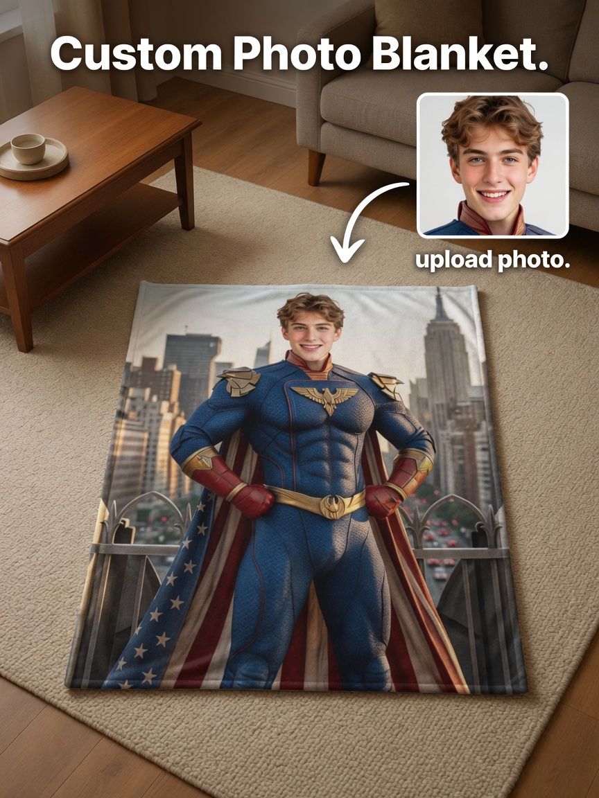 Custom Face Photo Superhero Blanket, Personalized Portrait Flannel Fleece Throw for Bed Couch, Unique Cozy Gift
