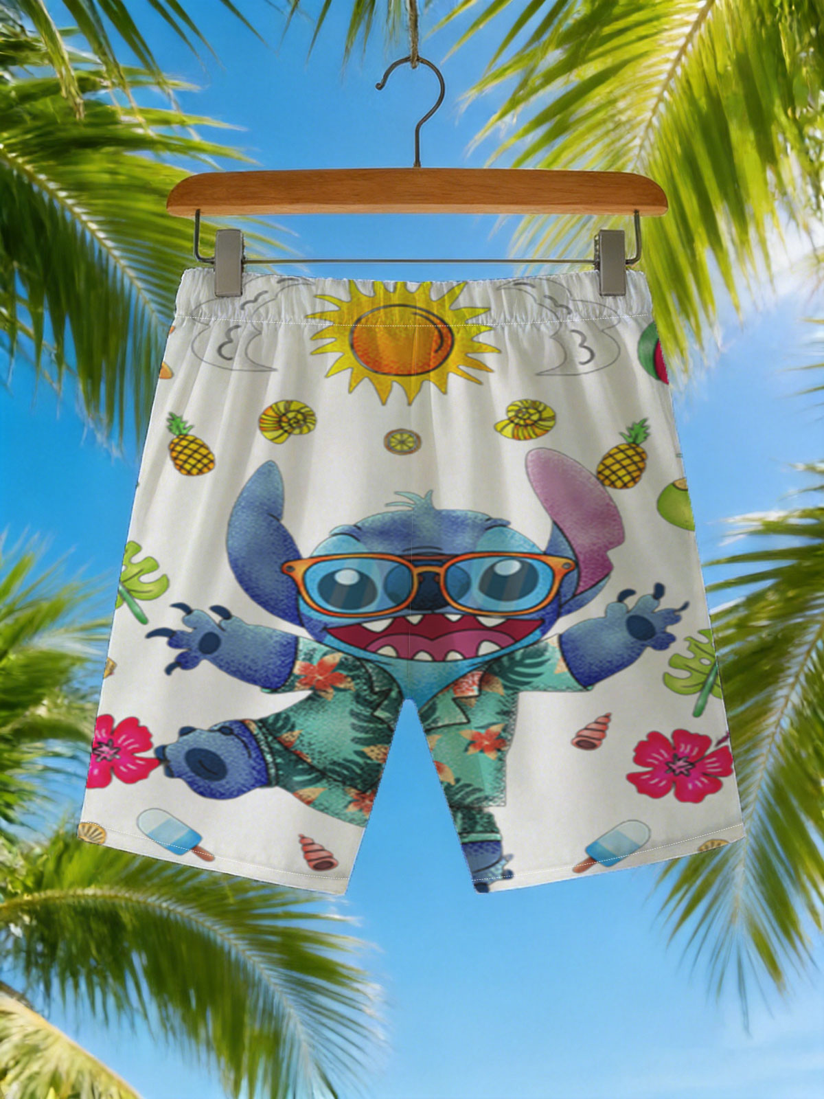 Stitch in Tropical Paradise with Sunglasses and Hawaiian Shirt -  Beach shorts