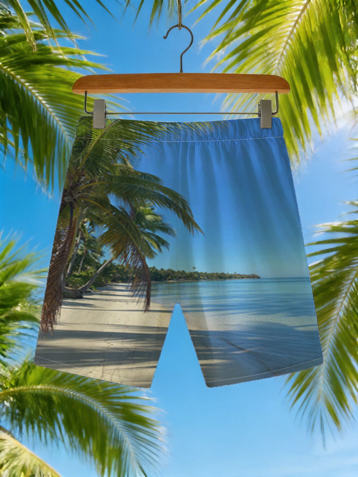 Tropical Beach with Palm Trees and Clear Blue Water -  Beach shorts