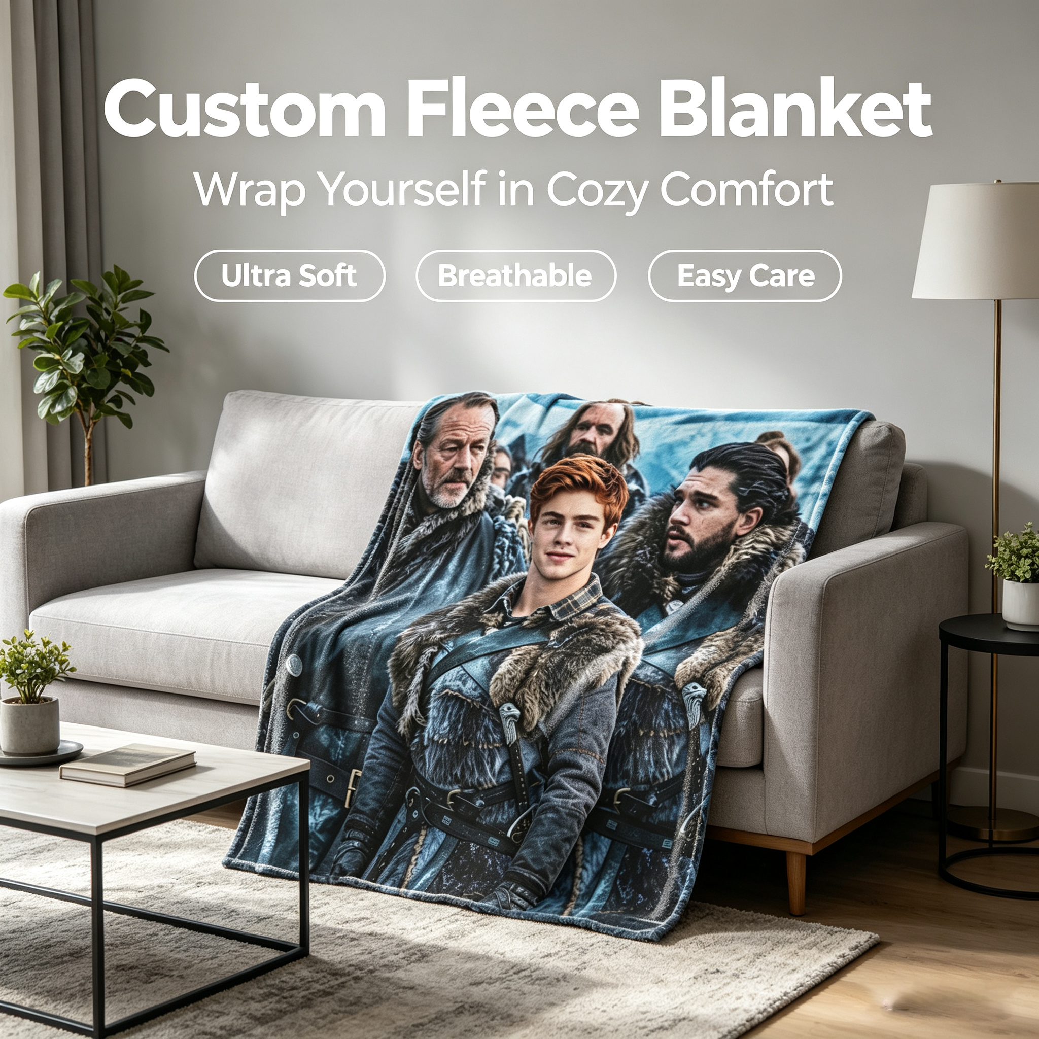 Custom Face Blanket Game of Thrones Jon Snow and Friends Flannel Blanket Cozy Winter Gift for Fans and Collectors