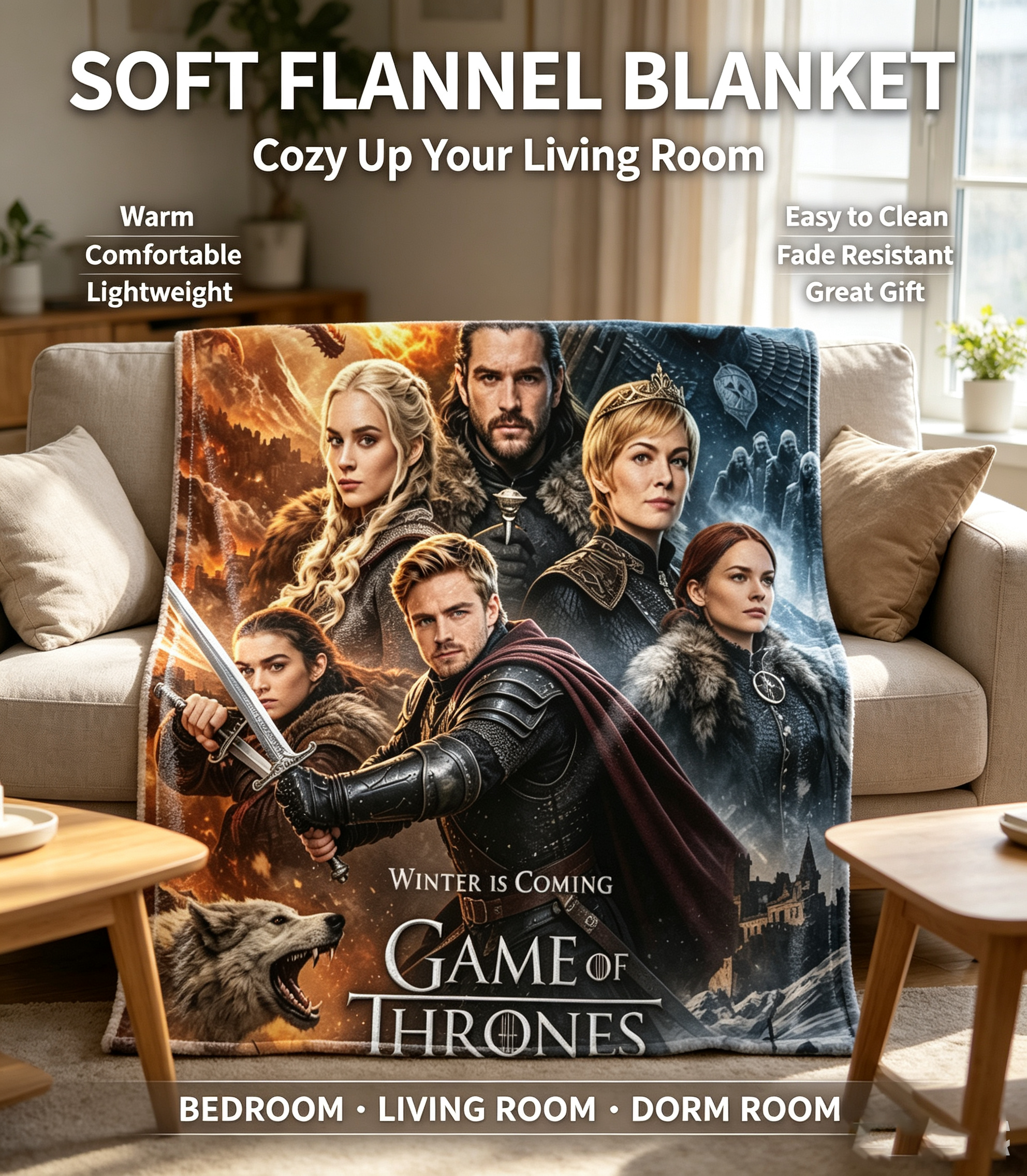 Custom Face Blanket Game of Thrones Flannel Blanket for Couch or Bedding – Perfect Gift for Fans and Collectors