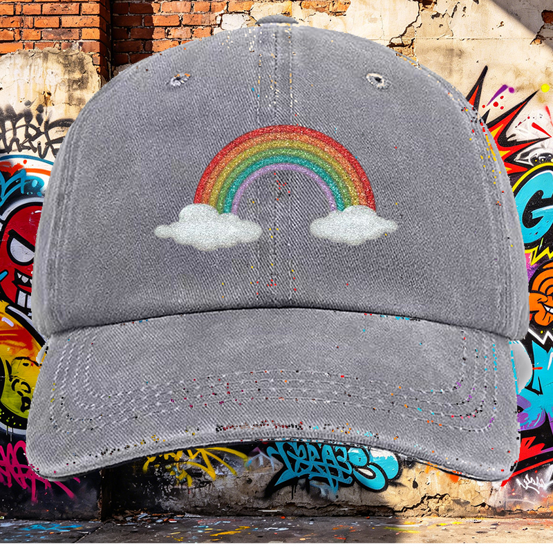 Men's Printed Washed Cap with Glitter Rainbow and Cloud Design, Casual Round Brim Summer Lightweight Hat for Outdoor Activities, Perfect for Young Adults and Trendy Streetwear Enthusiasts