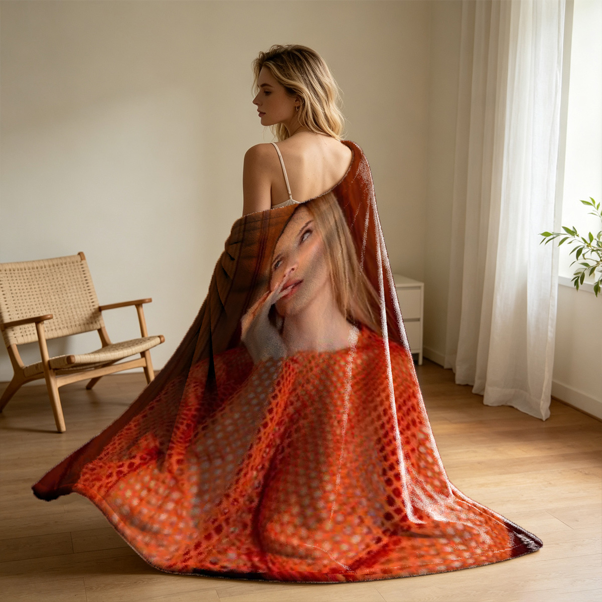 Young woman in brown slip dress relaxing barefoot on gray sofa - Blanket