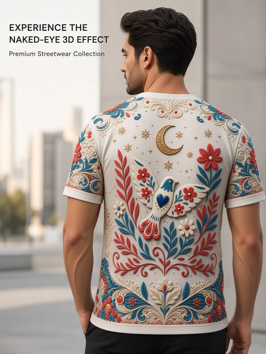 Folk Floral Dove 3D Optical Illusion Graphic Tee Breathable Athletic Mesh T-Shirt Casual and Sports Wear