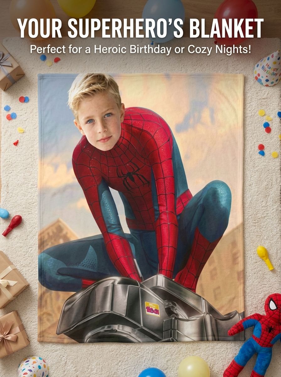 Custom Face Superhero Flannel Blanket, Personalized Photo Plush Throw for Kids and Adults, Cozy Warm Bed Couch Gift