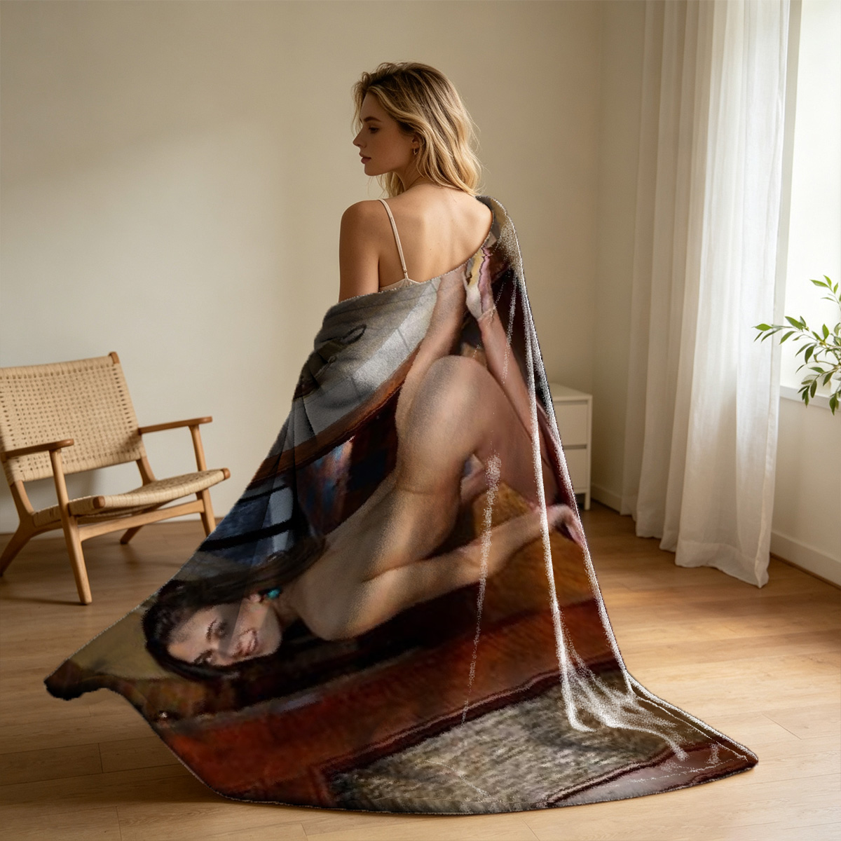 Nude Asian beauty sitting on bathroom sink with finger on lips - Blanket