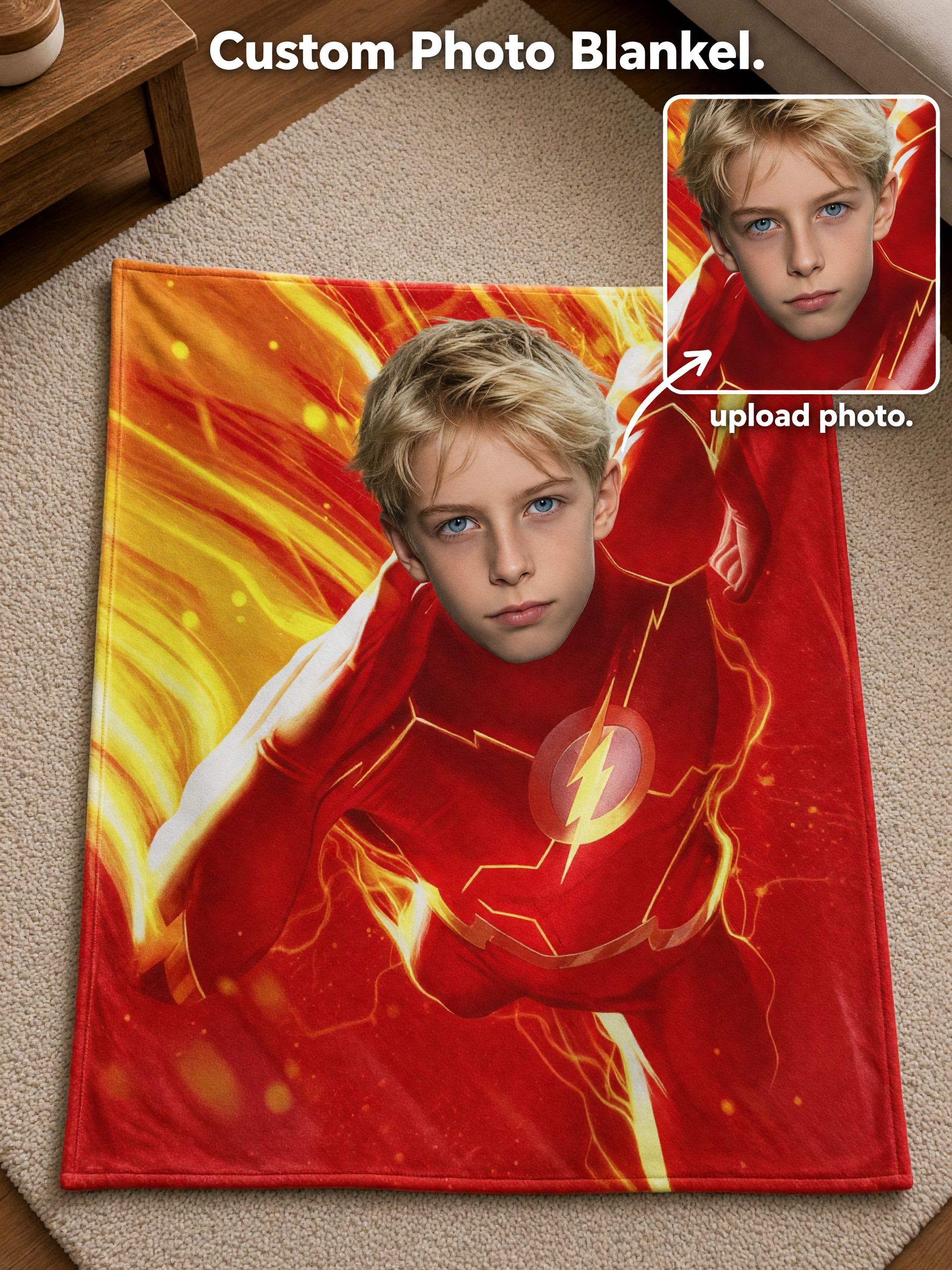 Custom Face Superhero Flannel Blanket, Personalized Photo Plush Throw, Ideal Custom Gift for Bed Couch