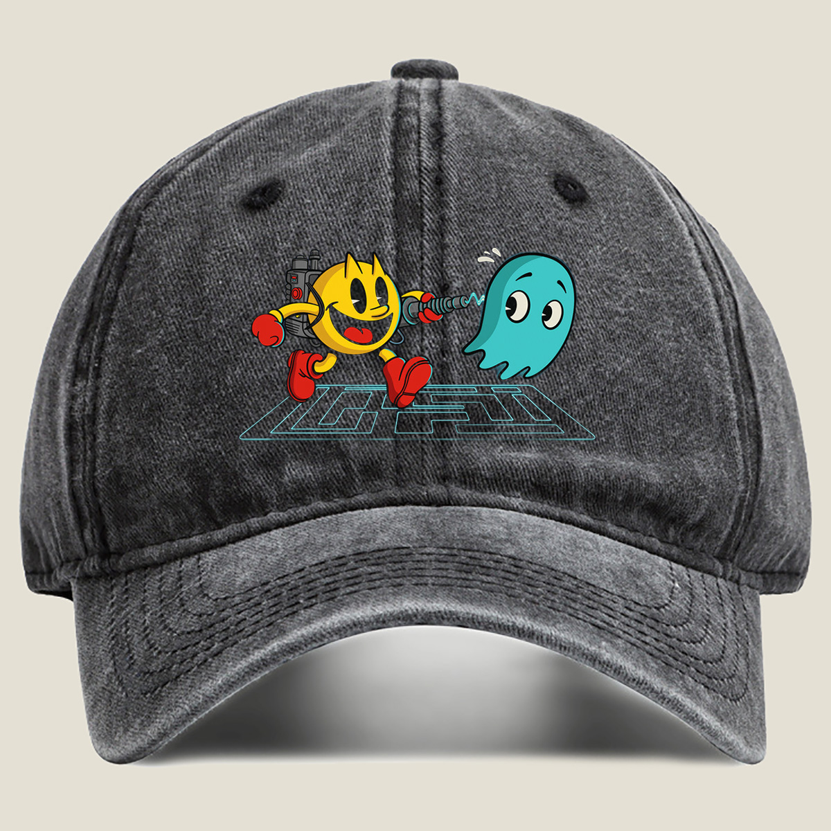 Pac-Man and Ghost in Action - Washed Denim - Baseball Cap
