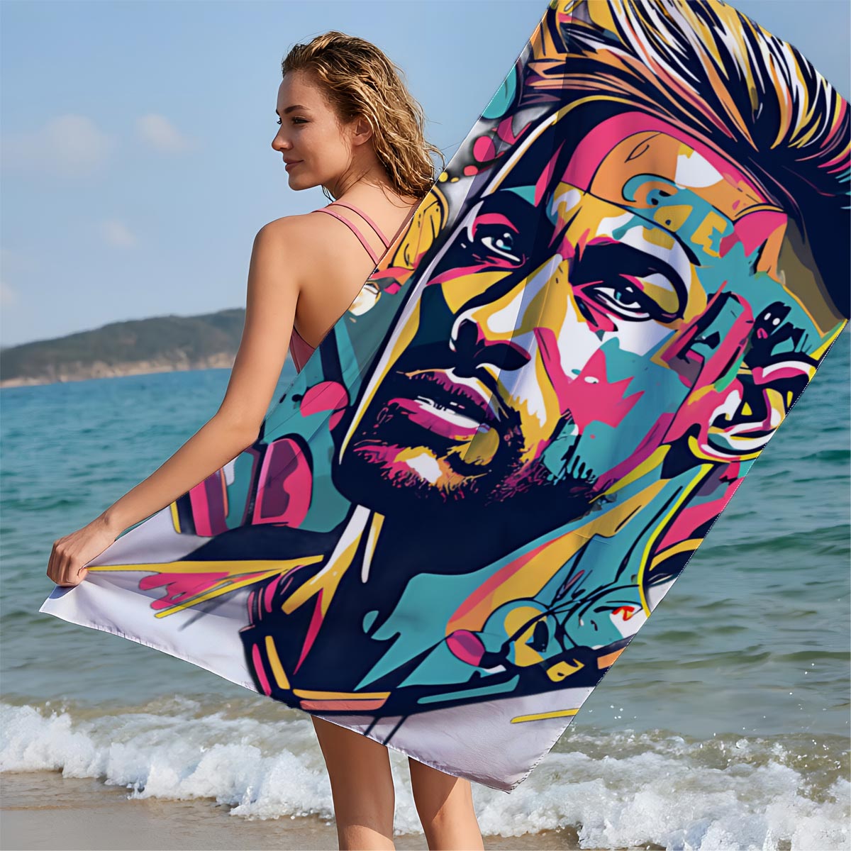 Colorful Abstract Portrait of a Man with Vibrant Patterns and Dynamic Elements - Beach towels