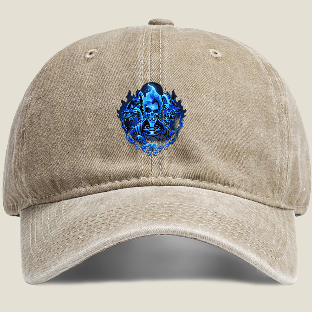 Blue Flame Skull with Demonic Creatures - Washed Denim - Baseball Cap