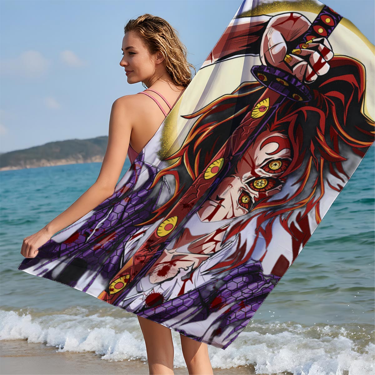 Demon Slayer: with Blood-Stained Sword and Fiery Eyes - Beach towels