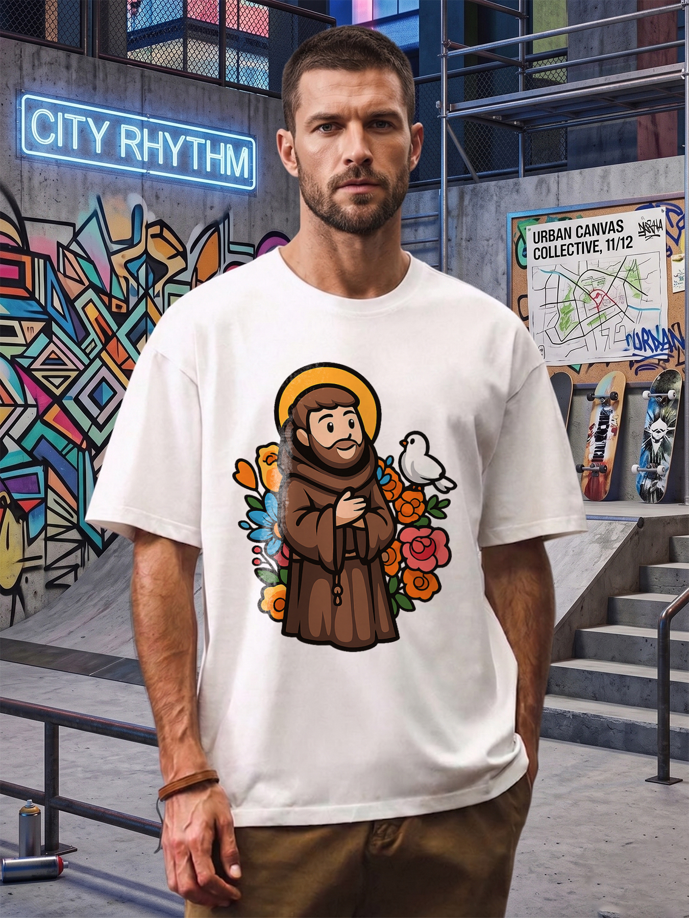 Men's Printed T-Shirt Saint Francis with Dove and Flowers Design Casual Round Neck Summer Lightweight Breathable Short Sleeve T-Shirt for Outdoor Activities and Daily Wear Adult Unisex Fit