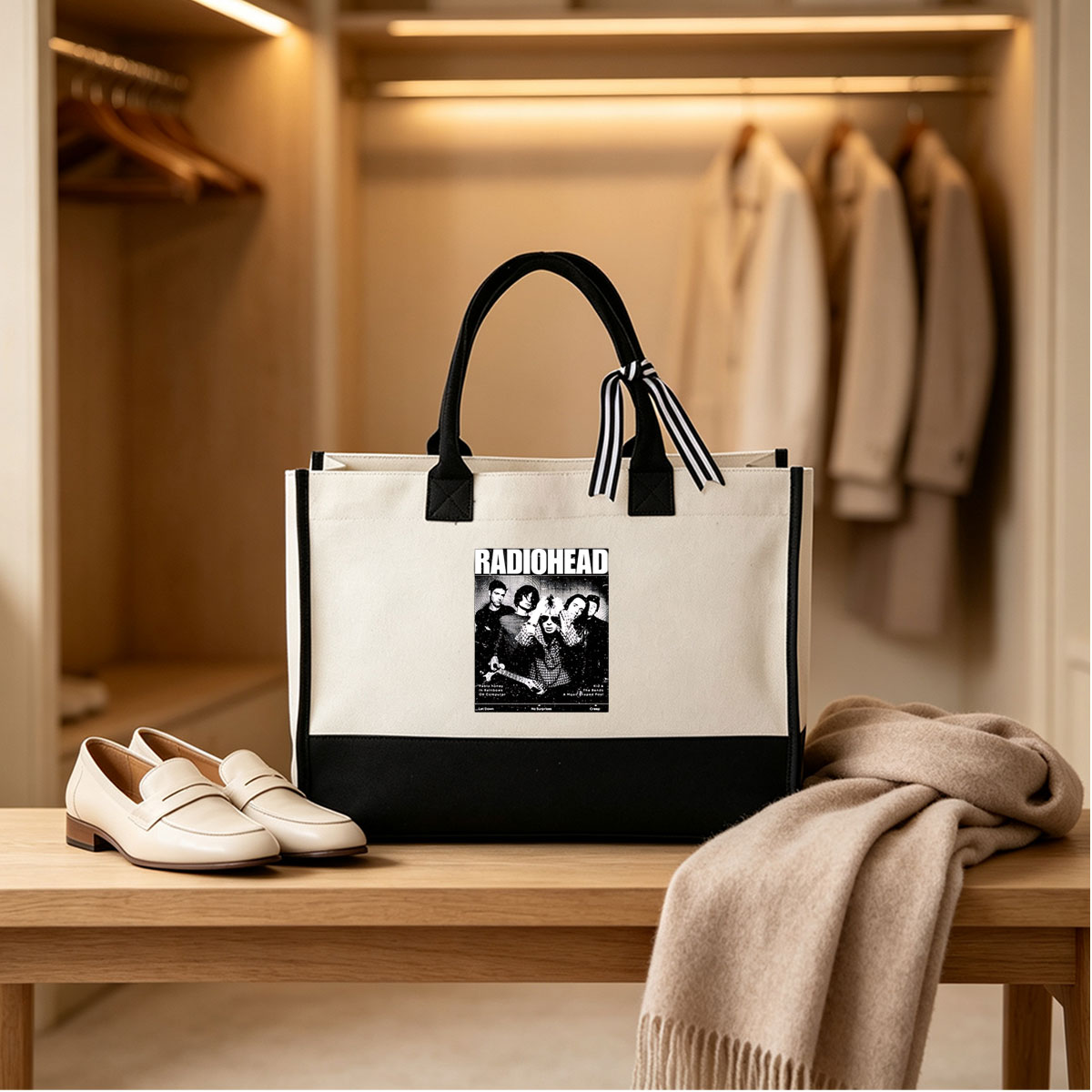 Radiohead Band Members with Album Titles and Songs Listed - Canvas patchwork gift tote bag