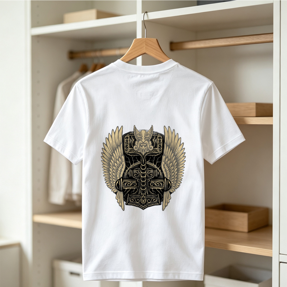 Thor's Hammer with Winged Viking Warrior Design - Tee