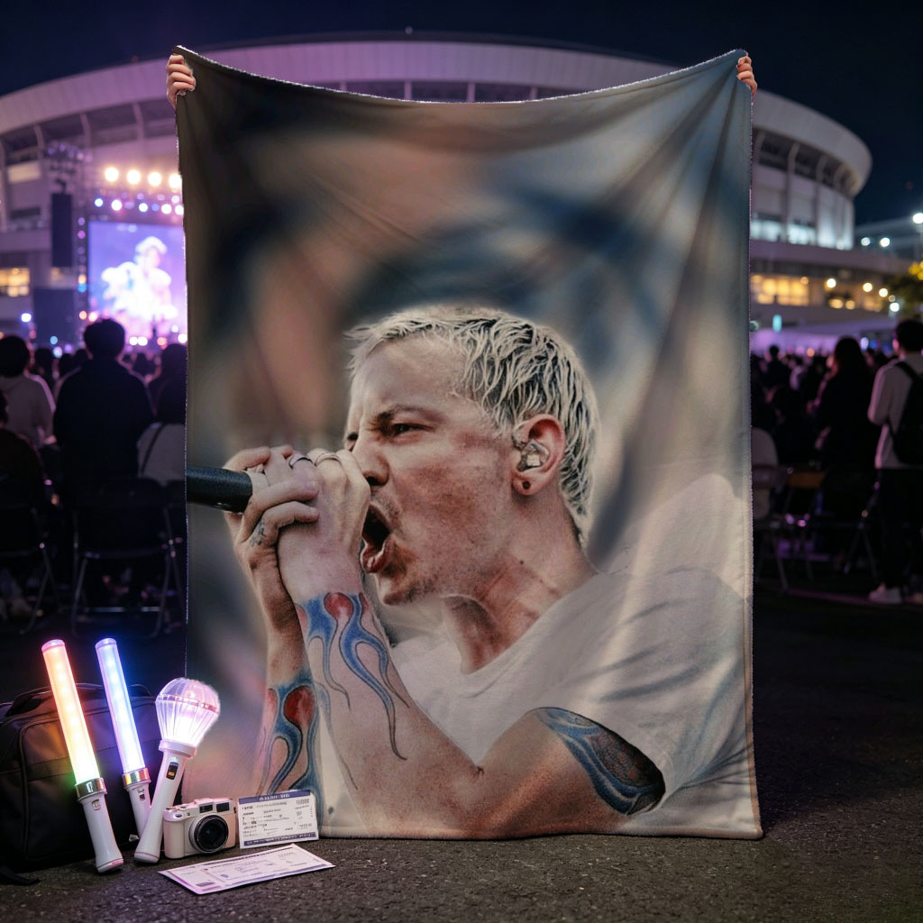Blink-182 Lead Singer Performing with Microphone and Tattooed Arms - Blankets