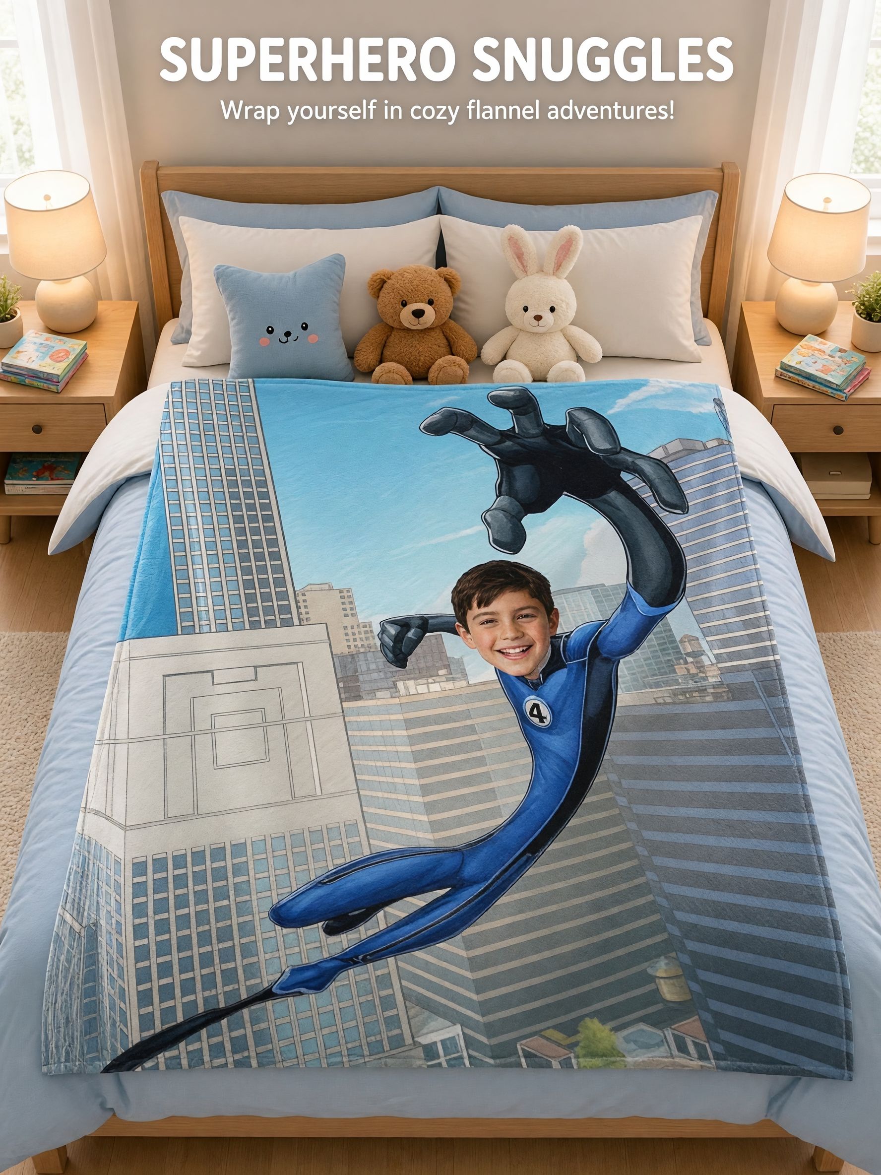 Custom Face Superhero Flannel Throw Blanket Personalized Photo Comic Plush Bed Cover for Kids and Adults Cozy Gift