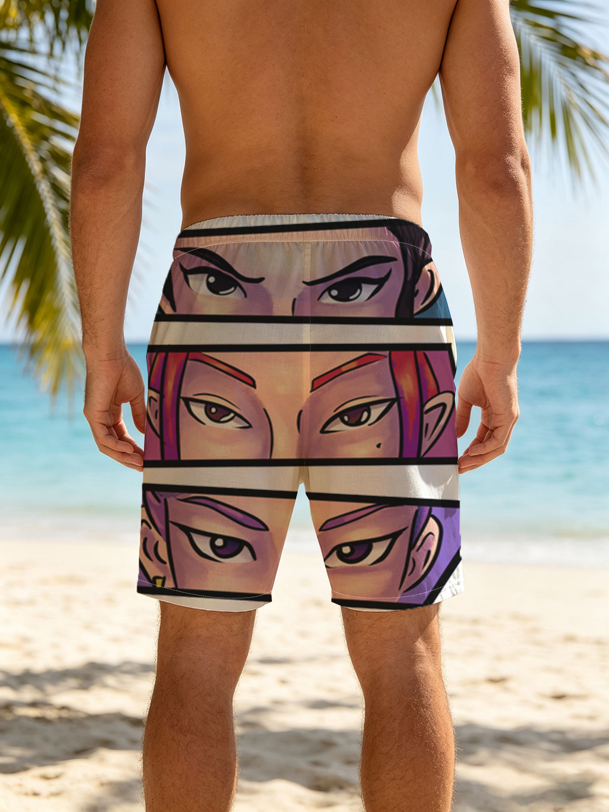 Three Anime Characters with Intense Eyes: Close-Up Portraits -  Beach shorts