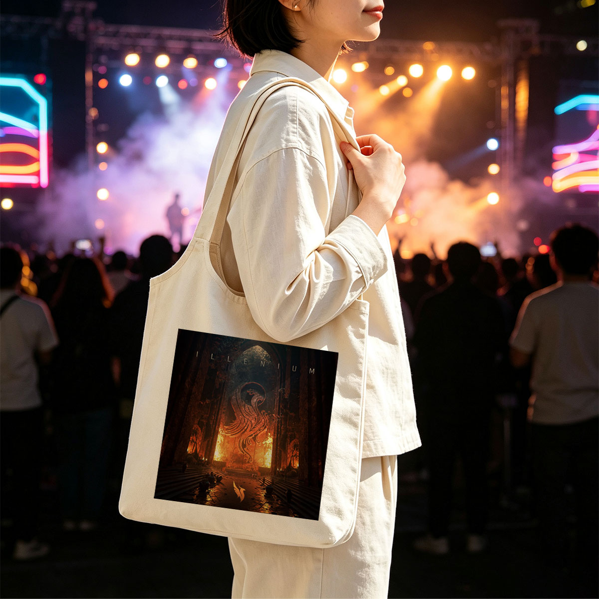 Illenium Cathedral of Fire and Flames with a Serpentine Dragon in the Center - Canvas shoulder bags/