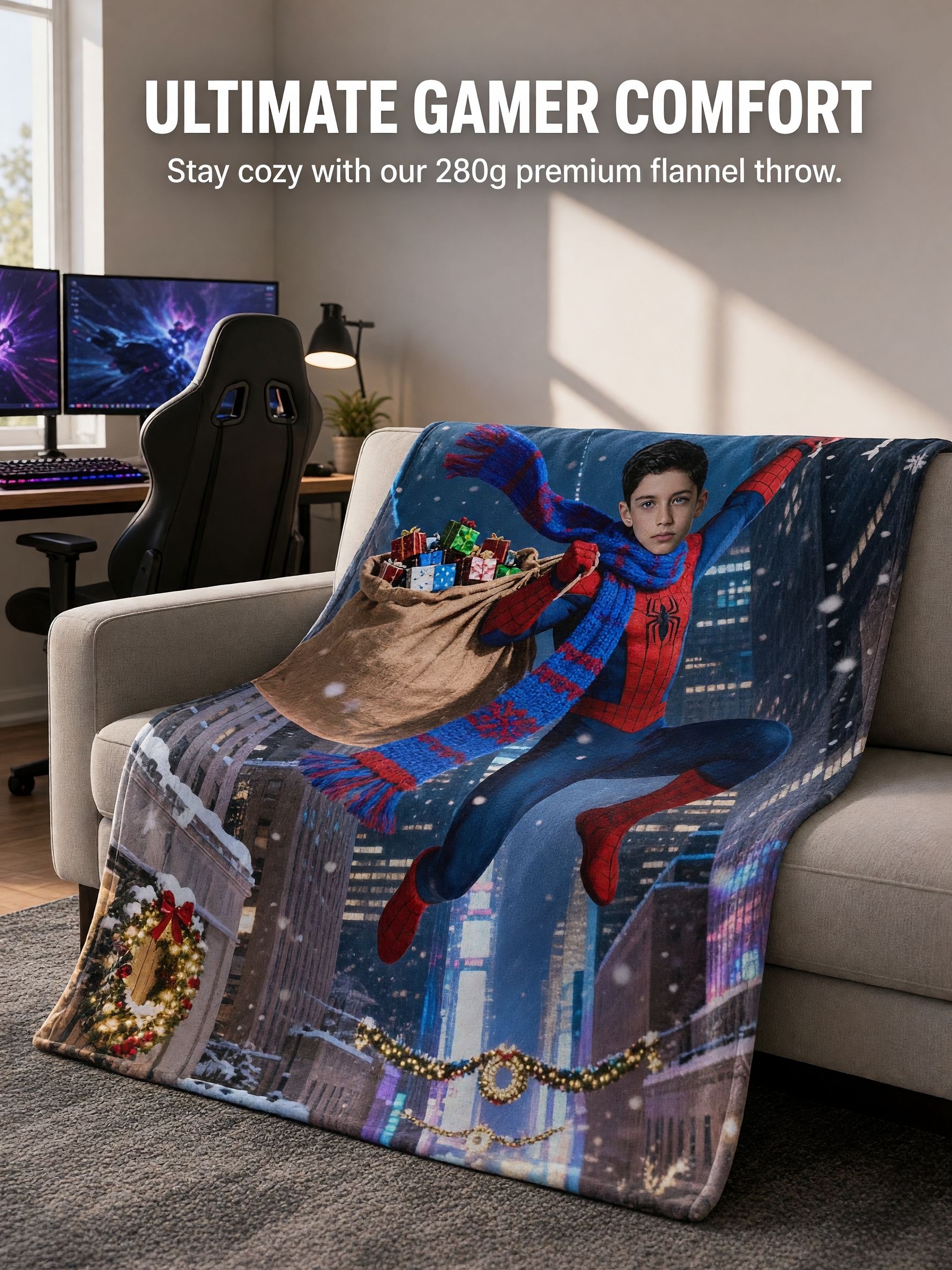Custom Photo Superhero Christmas Flannel Fleece Blanket Skin Friendly Warm Plush Throw Personalized Holiday Keepsake