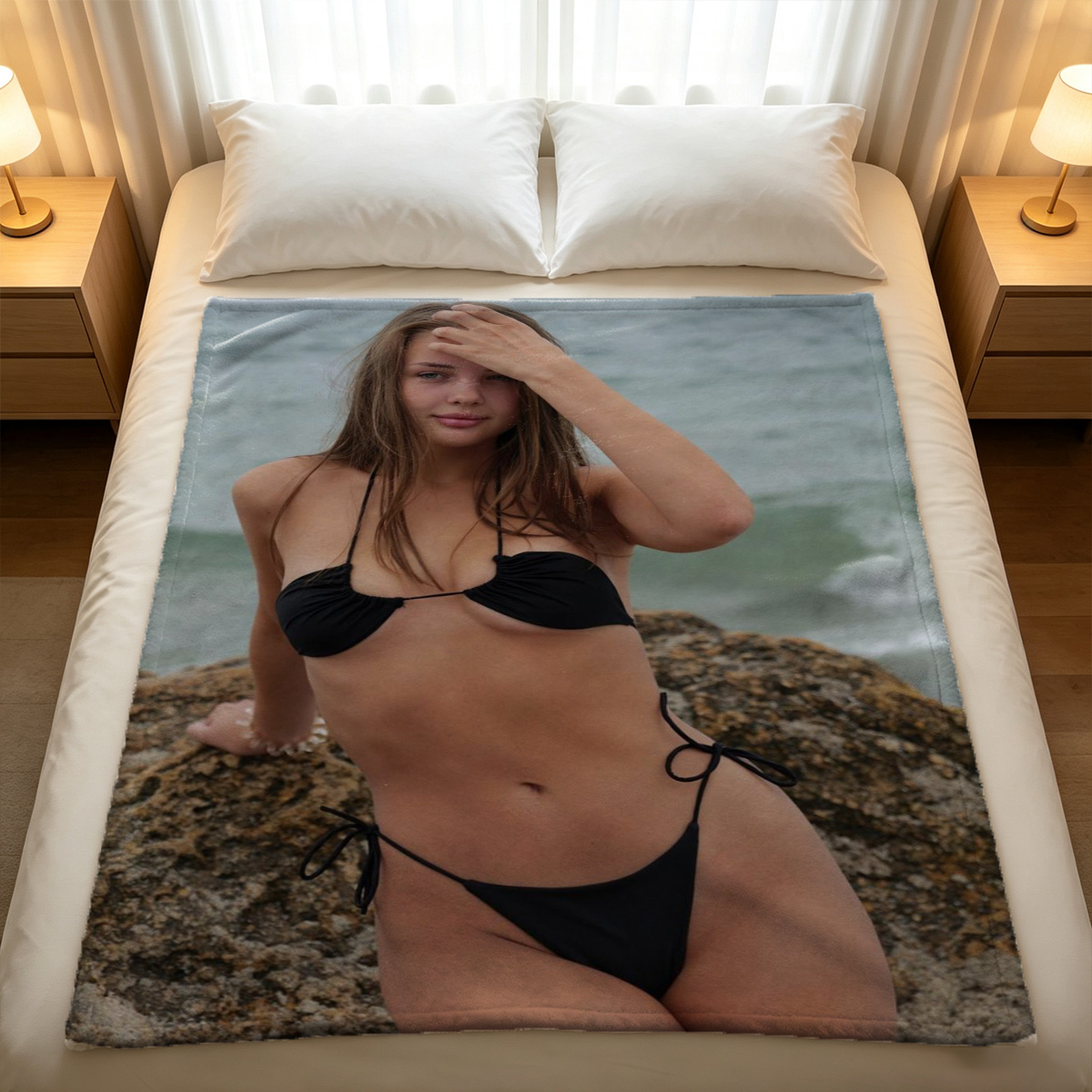 Two Women in Pink Lingerie Kissing on Couch - Blanket