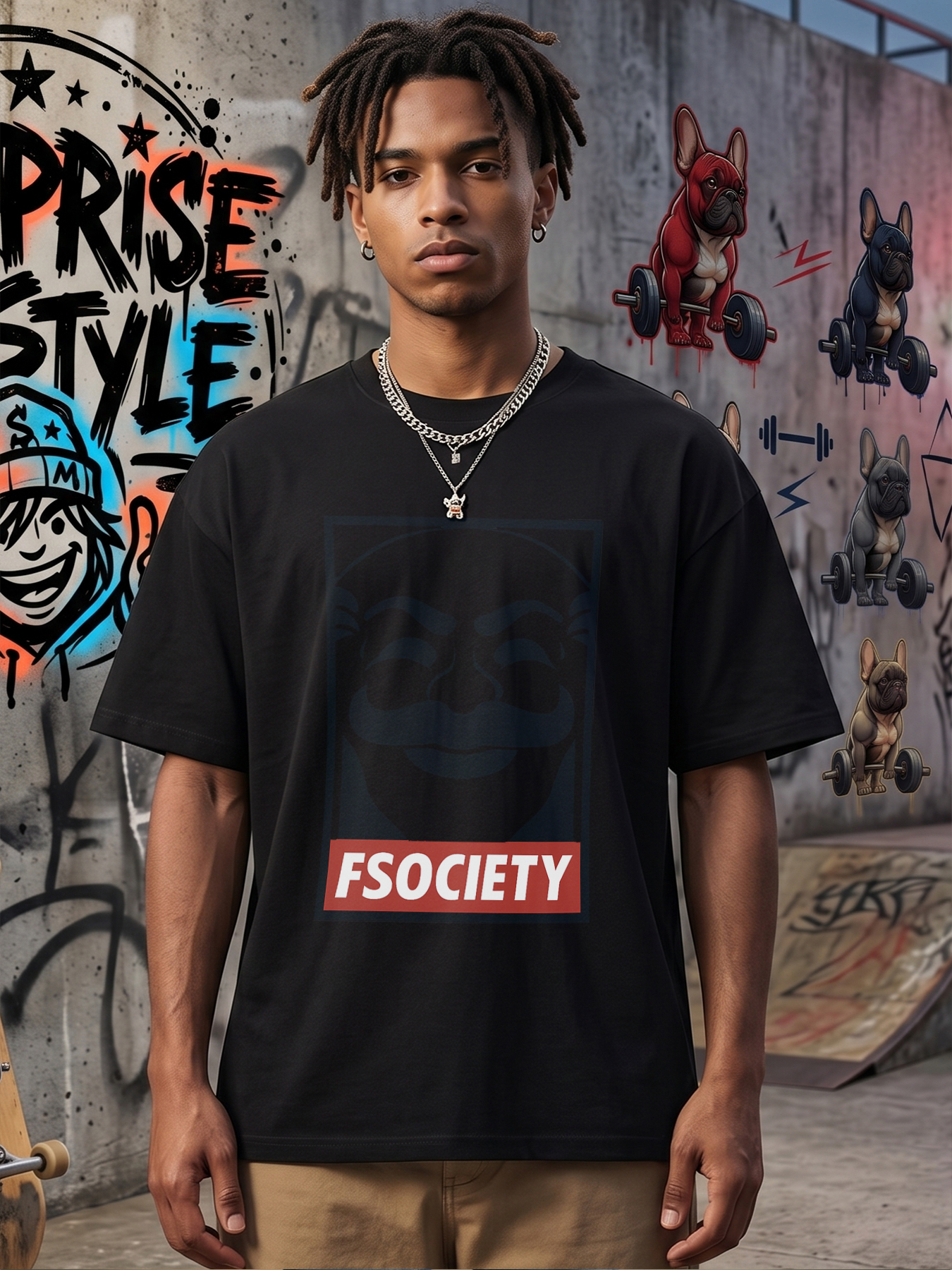 Men's Printed T-Shirt with FSOCIETY Mask Design and Bold Text - Casual Round Neck Summer Lightweight Breathable Short Sleeve Tee for Urban Streetwear Fans, Tech Enthusiasts, and Trend-Seeking Adults