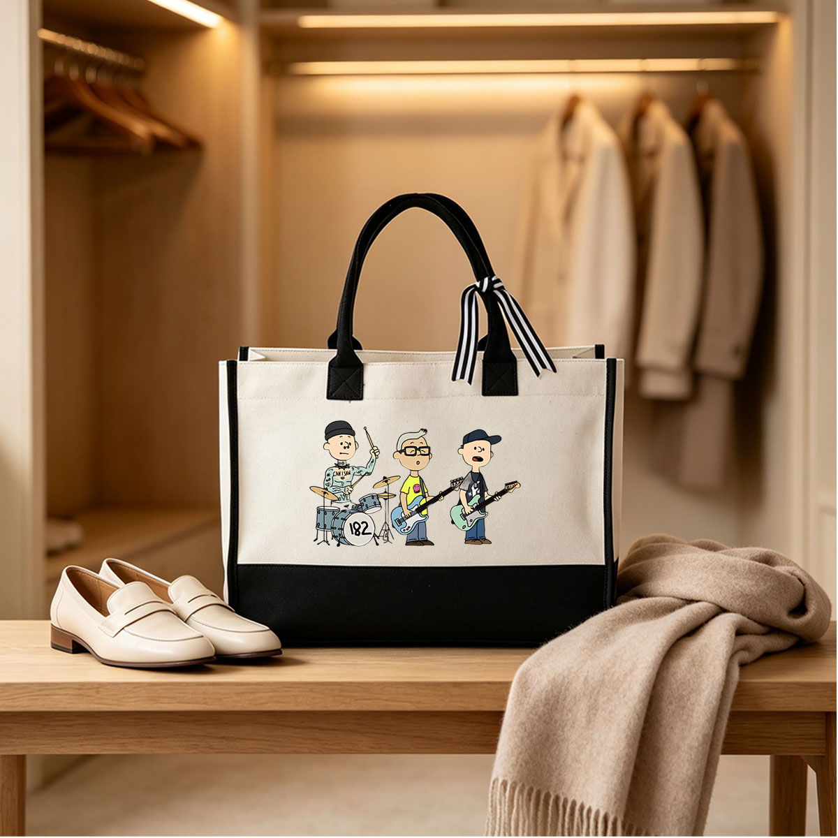 Cartoon Band: Drummer, Bassist, and Guitarist Playing Music Together - Canvas patchwork gift tote bag