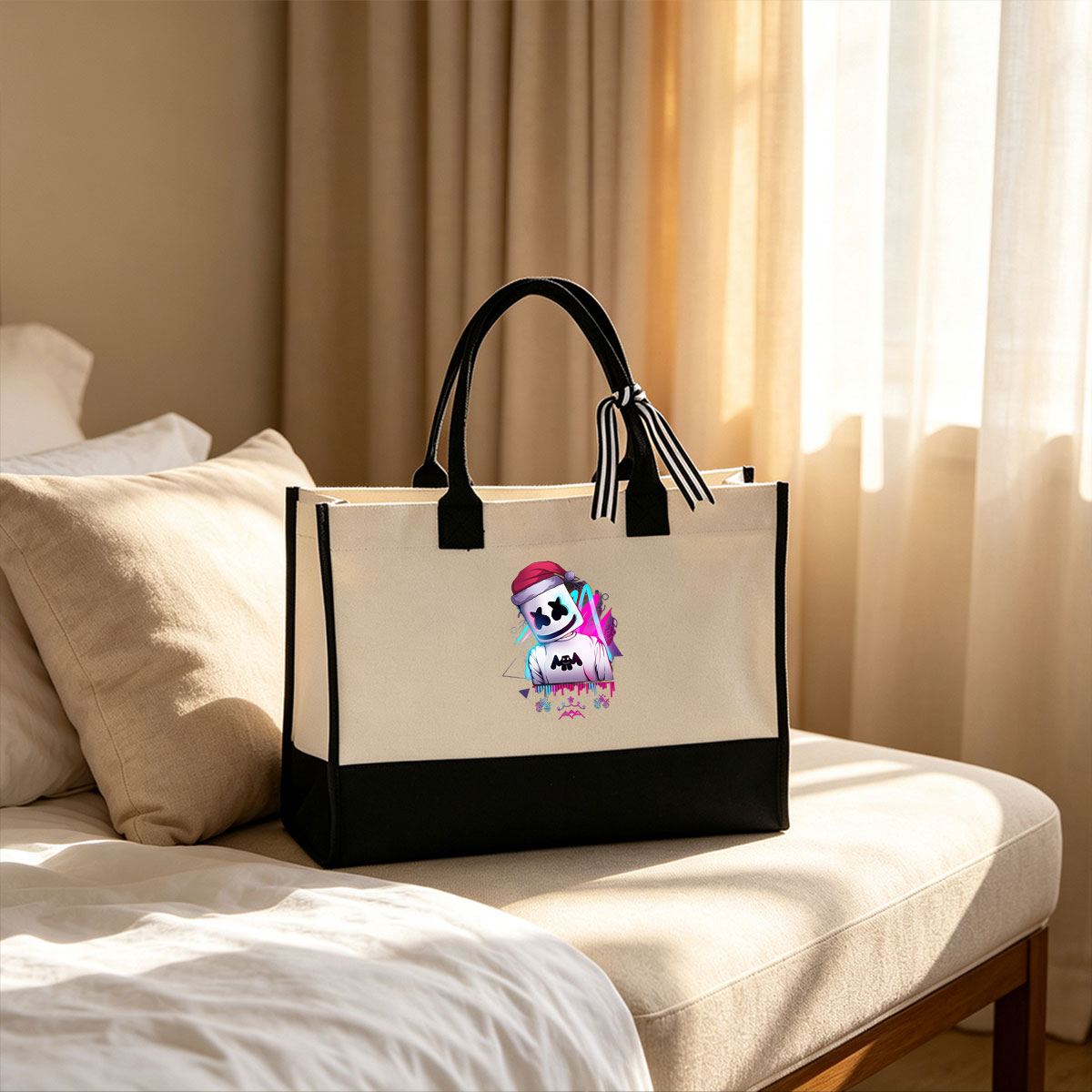 Marshmello Christmas Edition: DJ in Santa Hat with Festive Glow and Music Visuals - Canvas patchwork gift tote bag