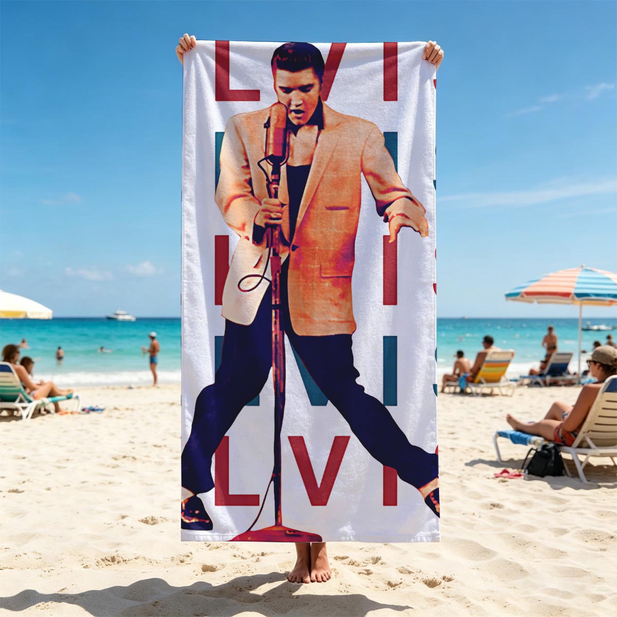 Elvis Presley Performing on Stage with Microphone - Beach towels
