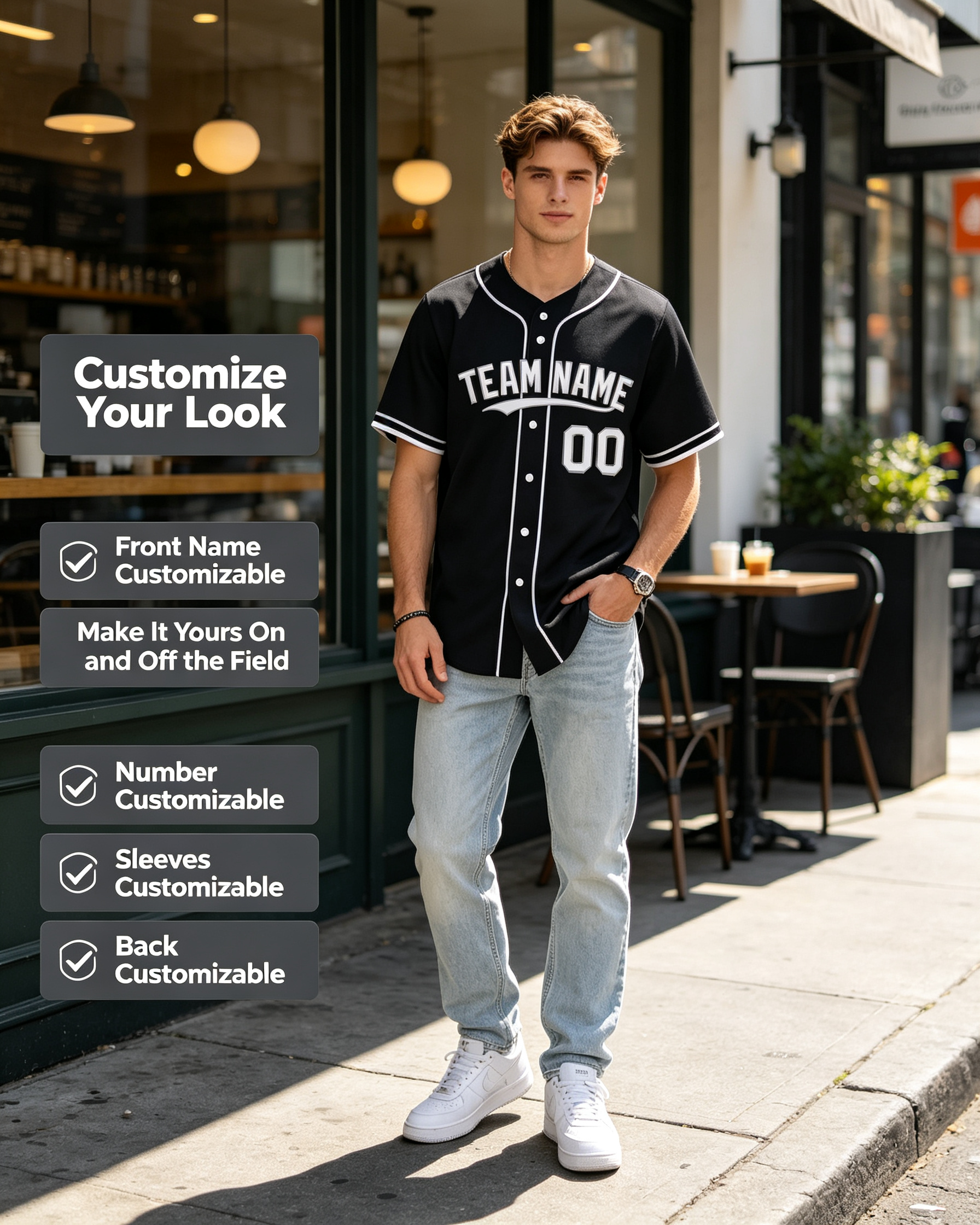 Custom Printed Chicago Southside Style Baseball Jersey Black Short Sleeve Button Down Shirt for Men and Women