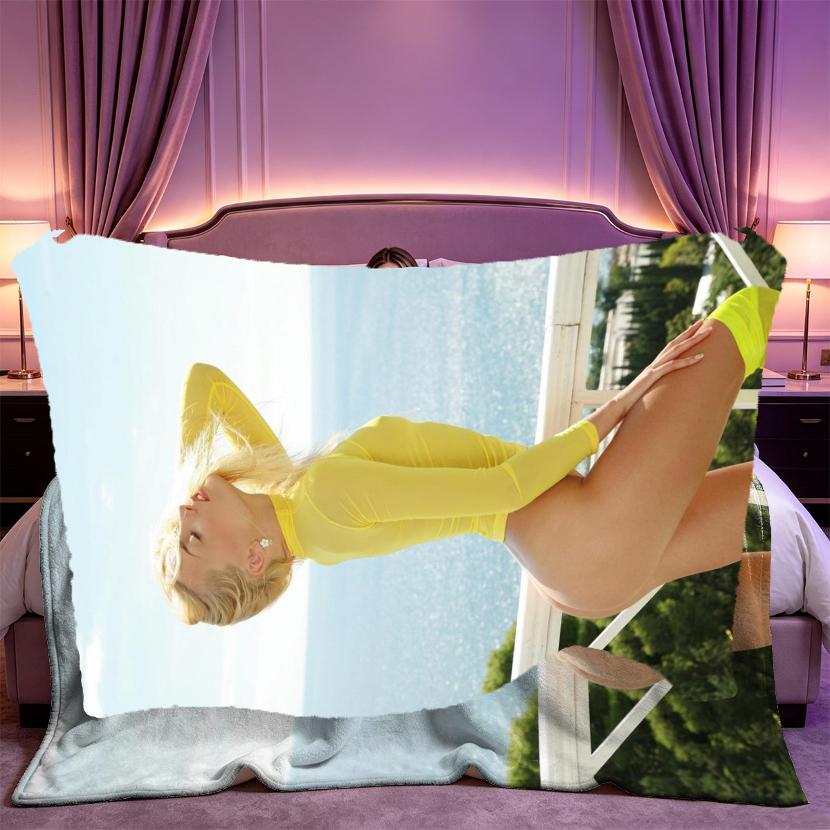 Nude woman with long curly hair posing from behind in luxury bedroom. - Blanket
