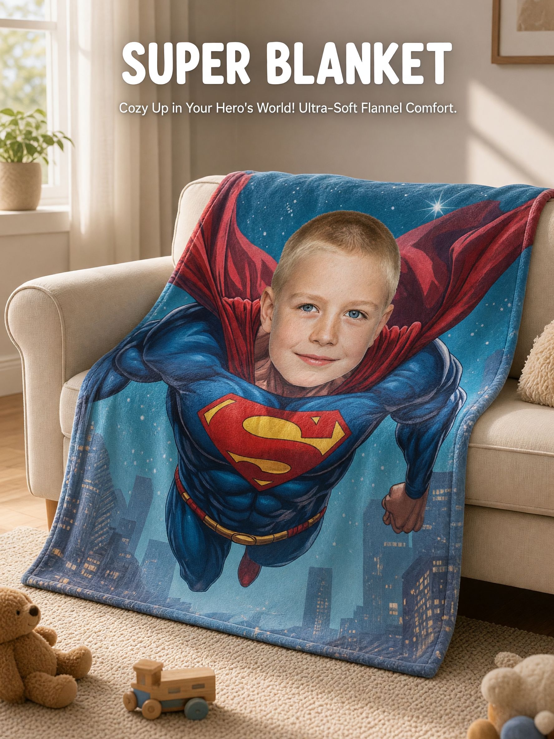 Custom Photo Superhero Flannel Fleece Blanket Personalized Face Throw for Bed Couch Ideal Cozy Birthday Gift for Kids
