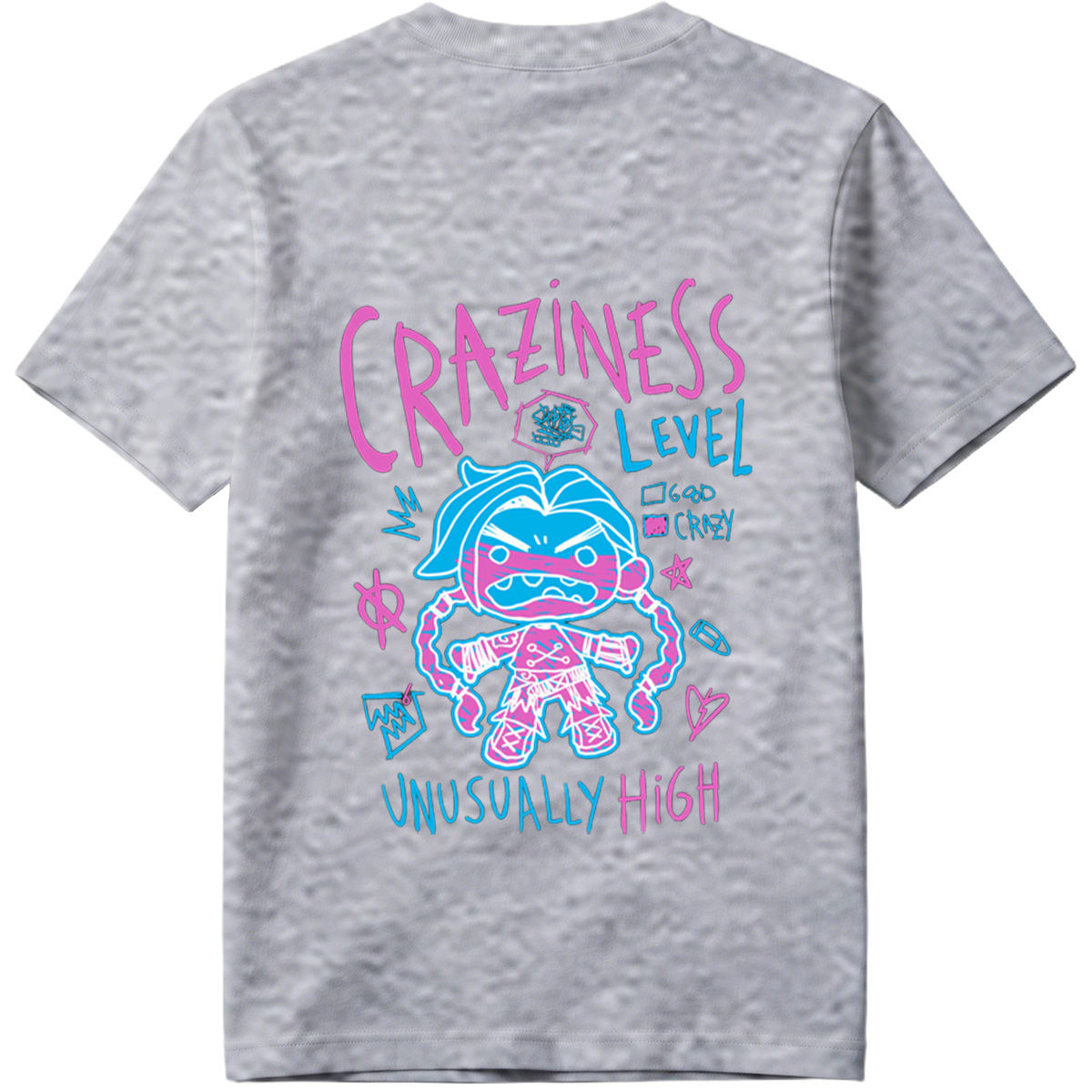 Craziness Level: Unusually High - Blue Character with Pink Accents - Tee