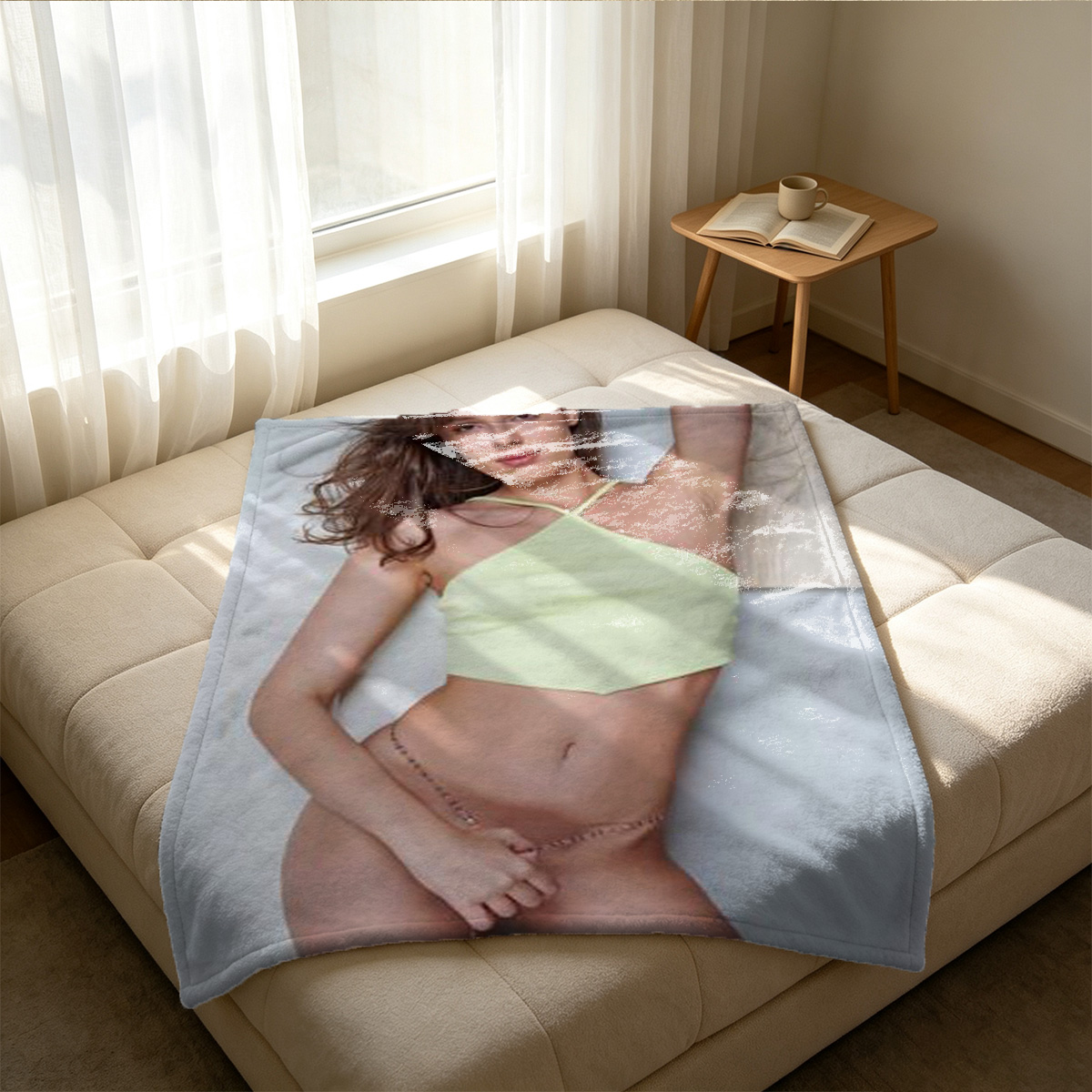 Pregnant woman in pink lace lingerie posing on a couch. - Blanket