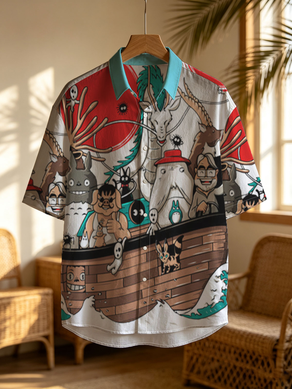 Studio Ghibli Characters Sail in a Wooden Boat with Mythical Creatures and Icons -  Shirt