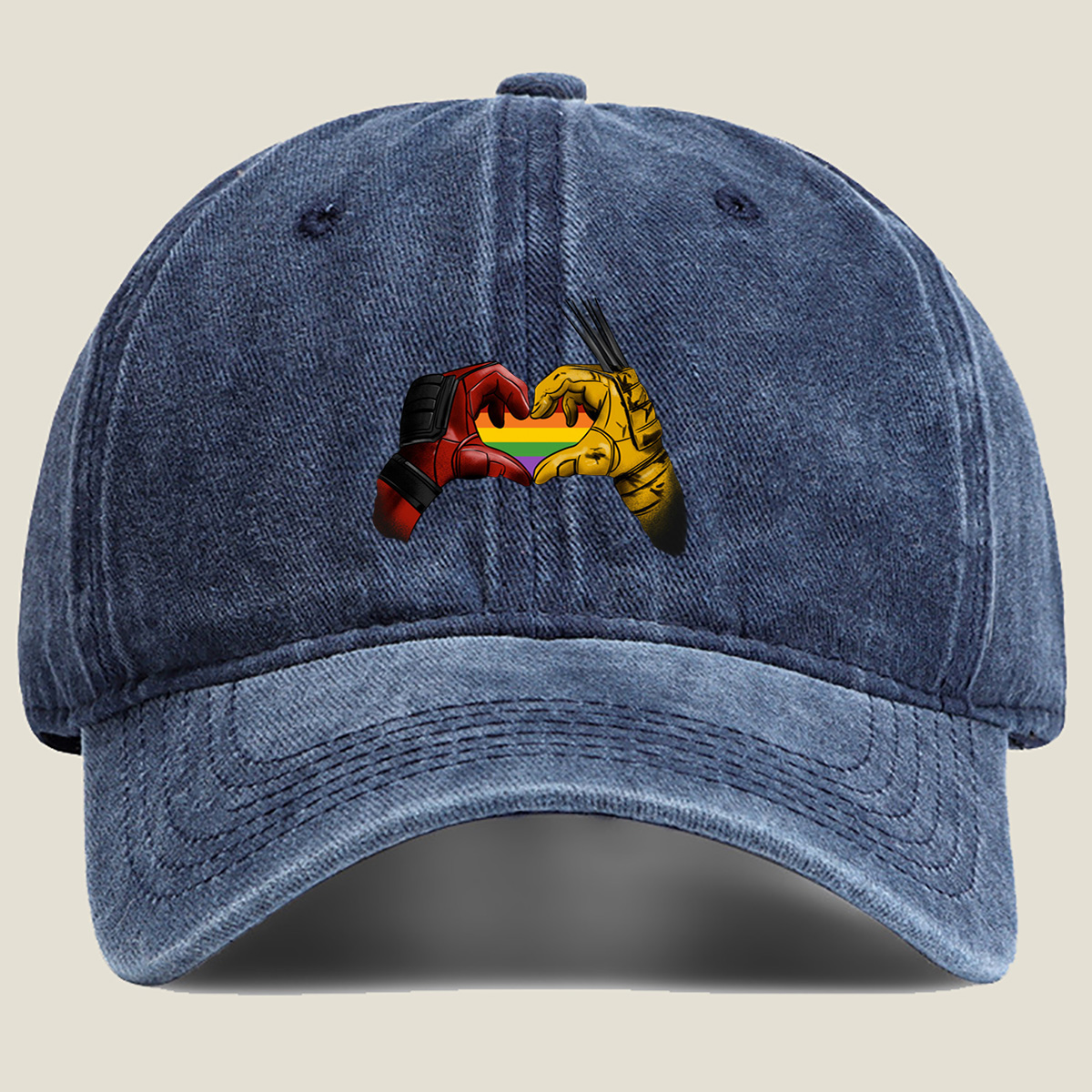 Deadpool and Wolverine Form a Rainbow Heart - Washed Denim - Baseball Cap